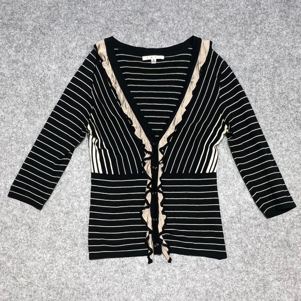 CAbi Flirt Striped Ruffle Cardigan Sweater Womens Small Black Cream 3/4 Sleeve